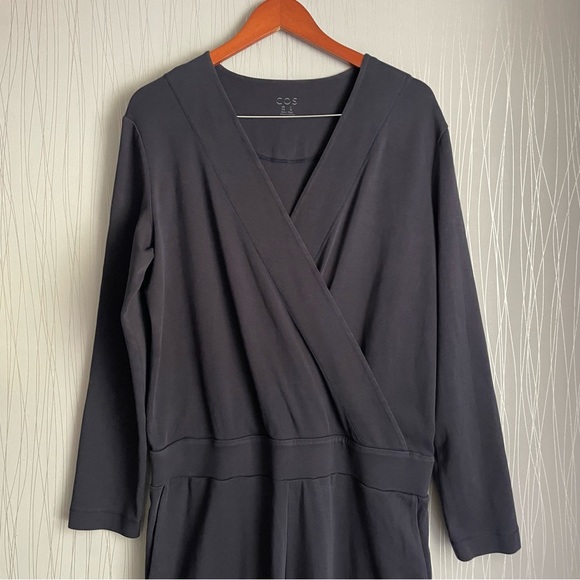 COS navy blue jersey knit faux wrap jumpsuit size large - Picture 5 of 11